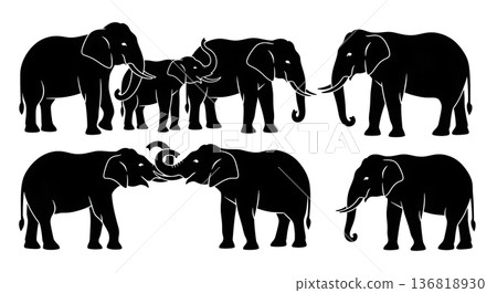 Black Solid Elephant Peaceful Coexistence Silhouettes Set of Six on White Background 136818930