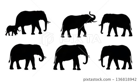 Black Solid Elephant Relaxed Family Outing Silhouettes Set of Six on White Background Black Solid Elephant Relaxed Family Outing Silhouettes Set of Six on White Background 136818942