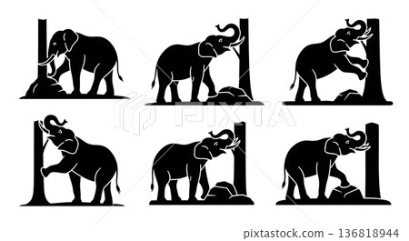 Black Solid Elephant Scratching Silhouettes Set of Six on White Background 136818944
