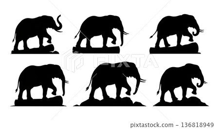 Black Solid Elephant Stepping Over Obstacles Silhouettes Set of Six on White Background Black Solid Elephant Stepping Over Obstacles Silhouettes Set of Six on White Background 136818949