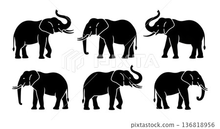Black Solid Elephant Trunk Arc Over Back Silhouettes Set of Six on White Background 136818956