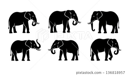 Black Solid Elephant Trunk Coiled Grasp Silhouettes Set of Six on White Background Black Solid Elephant Trunk Coiled Grasp Silhouettes Set of Six on White Background 136818957