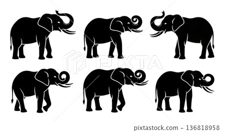 Black Solid Elephant Trunk Coiled Silhouettes Set of Six on White Background 136818958