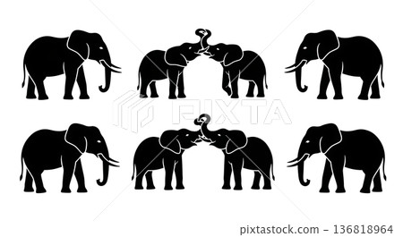 Black Solid Elephant Trunk Entwined Silhouettes Set of Six on White Background 136818964