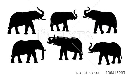Black Solid Elephant Trunk Exploring Silhouettes Set of Six on White Background 136818965