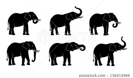 Black Solid Elephant Trunk Flex Silhouettes Set of Six on White Background 136818966
