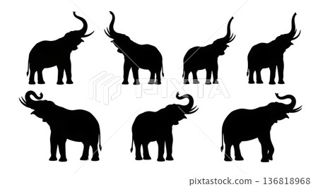 Black Solid Elephant Trunk Raised Silhouettes Set of Six on White Background 136818968