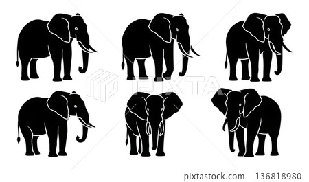 Black Solid Elephant Watchful Alert Silhouettes Set of Six on White Background 136818980