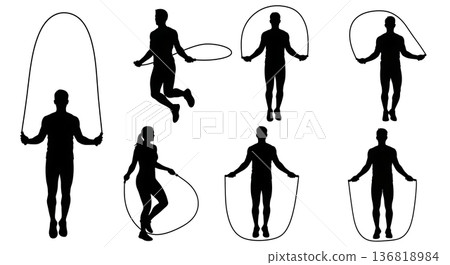 Black Solid Endurance Jump Rope Silhouettes Set of Six on White Background Black Solid Endurance Jump Rope Silhouettes Set of Six on White Background 136818984