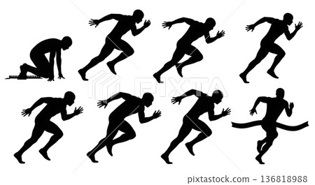 Black Solid Exertion Levels Sprint Silhouettes Set of Six on White Background 136818988