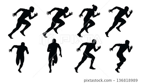 Black Solid Explosive Push Off Silhouettes Set of Six on White Background 136818989