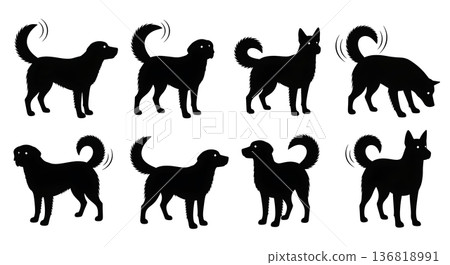 Black Solid Expressive Dog Tails Silhouettes Set of Six on White Background 136818991