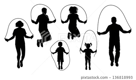 Black Solid Family Jump Rope Fun Silhouettes Set of Six on White Background Black Solid Family Jump Rope Fun Silhouettes Set of Six on White Background 136818993