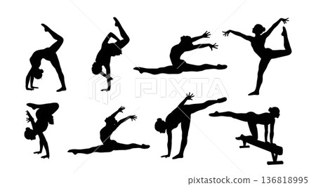 Black Solid Female Gymnast Artistic Silhouettes Set of Six on White Background Black Solid Female Gymnast Artistic Silhouettes Set of Six on White Background 136818995