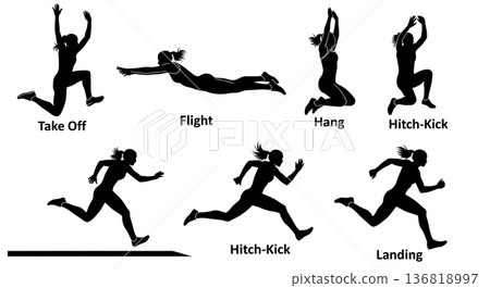 Black Solid Female Long Jumper Dynamics Silhouettes Set of Six on White Background Black Solid Female Long Jumper Dynamics Silhouettes Set of Six on White Background 136818997
