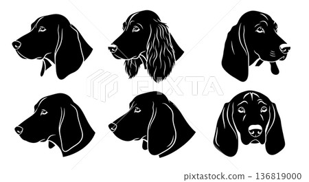 Black Solid Floppy Ear Dogs Silhouettes Set of Six on White Background Black Solid Floppy Ear Dogs Silhouettes Set of Six on White Background 136819000
