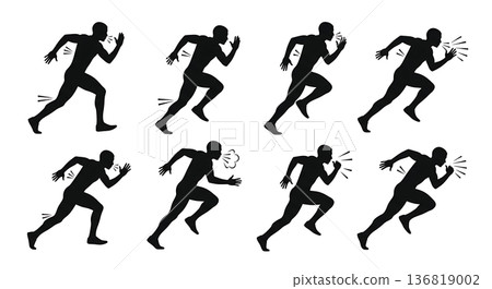 Black Solid Focused Breathing Sprint Silhouettes Set of Six on White Background Black Solid Focused Breathing Sprint Silhouettes Set of Six on White Background 136819002