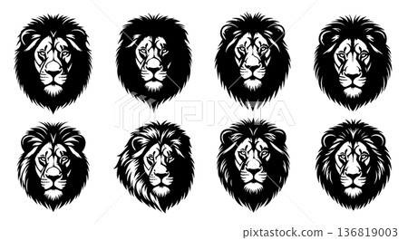 Black Solid Focused Gaze Lion Silhouettes Set of Six on White Background Black Solid Focused Gaze Lion Silhouettes Set of Six on White Background 136819003