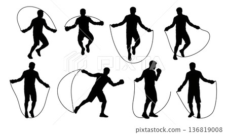 Black Solid Footwork Speed Jump Rope Silhouettes Set of Six on White Background Black Solid Footwork Speed Jump Rope Silhouettes Set of Six on White Background 136819008