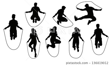 Black Solid Freestyle Jump Rope Silhouettes Set of Six on White Background Black Solid Freestyle Jump Rope Silhouettes Set of Six on White Background 136819012