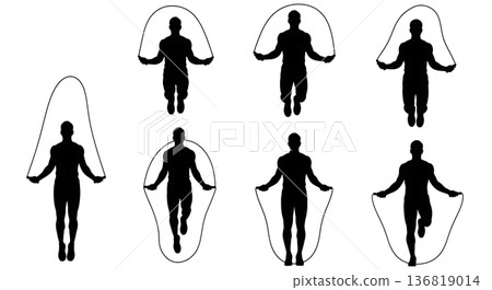 Black Solid Full Body Workout Integration Jump Rope Silhouettes Set of Six on White Background Black Solid Full Body Workout Integration Jump Rope Silhouettes Set of Six on White Background 136819014