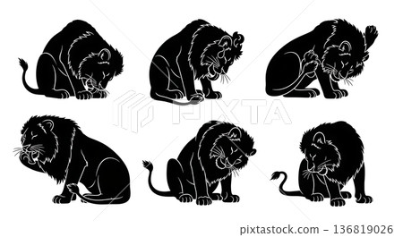 Black Solid Grooming Lion Silhouettes Set of Six on White Background Black Solid Grooming Lion Silhouettes Set of Six on White Background 136819026