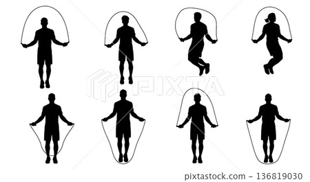 Black Solid Gym Jump Rope Silhouettes Set of Six on White Background 136819030