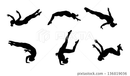 Black Solid Gymnast Balletic Movements Silhouettes Set of Six on White Background Black Solid Gymnast Balletic Movements Silhouettes Set of Six on White Background 136819036