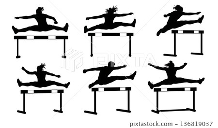 Black Solid Gymnast Barrier Leaps Silhouettes Set of Six on White Background Black Solid Gymnast Barrier Leaps Silhouettes Set of Six on White Background 136819037