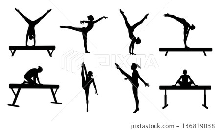 Black Solid Gymnast Beam Interaction Silhouettes Set of Six on White Background Black Solid Gymnast Beam Interaction Silhouettes Set of Six on White Background 136819038