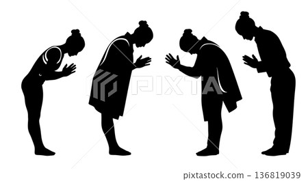 Black Solid Gymnast Bowing to Judges Silhouettes Set of Six on White Background 136819039