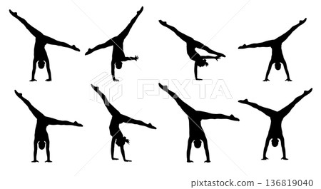 Black Solid Gymnast Cartwheels Silhouettes Set of Six on White Background 136819040