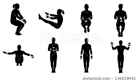 Black Solid Gymnast Chalked Hands Silhouettes Set of Six on White Background Black Solid Gymnast Chalked Hands Silhouettes Set of Six on White Background 136819042
