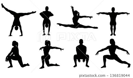Black Solid Gymnast Competition Ready Silhouettes Set of Six on White Background Black Solid Gymnast Competition Ready Silhouettes Set of Six on White Background 136819044