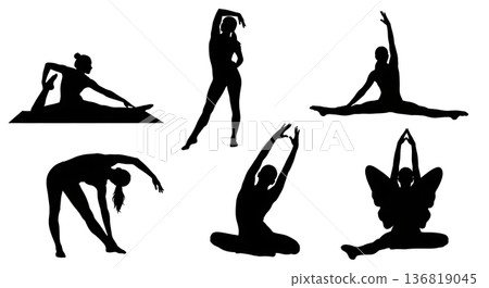 Black Solid Gymnast Cool-Down Poses Silhouettes Set of Six on White Background 136819045