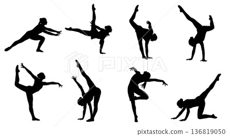 Black Solid Gymnast Expressive Floor Dance Silhouettes Set of Six on White Background Black Solid Gymnast Expressive Floor Dance Silhouettes Set of Six on White Background 136819050