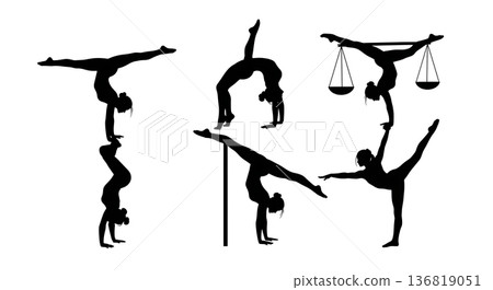 Black Solid Gymnast Extreme Balance Silhouettes Set of Six on White Background Black Solid Gymnast Extreme Balance Silhouettes Set of Six on White Background 136819051