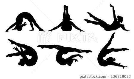 Black Solid Gymnast Floor Rolls and Twists Silhouettes Set of Six on White Background 136819053