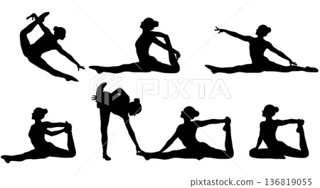 Black Solid Gymnast Floor Stretches Silhouettes Set of Six on White Background 136819055