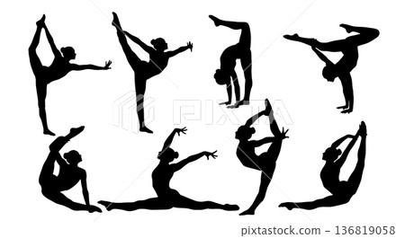Black Solid Gymnast Full Dramatic Splits Silhouettes Set of Six on White Background Black Solid Gymnast Full Dramatic Splits Silhouettes Set of Six on White Background 136819058