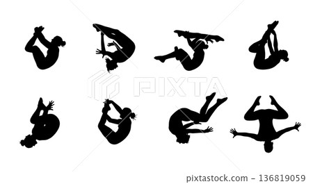 Black Solid Gymnast Full Twisting Somersaults Silhouettes Set of Six on White Background Black Solid Gymnast Full Twisting Somersaults Silhouettes Set of Six on White Background 136819059