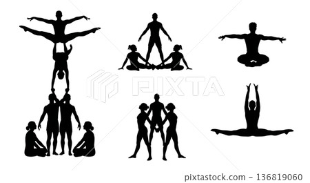 Black Solid Gymnast Group Formations Silhouettes Set of Six on White Background Black Solid Gymnast Group Formations Silhouettes Set of Six on White Background 136819060