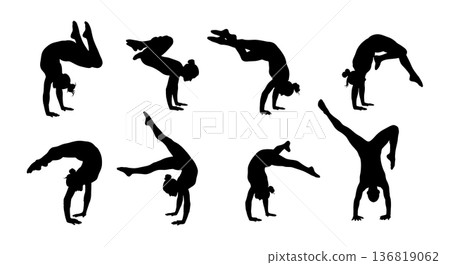 Black Solid Gymnast Handsprings Silhouettes Set of Six on White Background 136819062