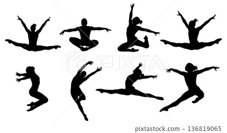 Black Solid Gymnast Leaps and Bounds Silhouettes Set of Six on White Background Black Solid Gymnast Leaps and Bounds Silhouettes Set of Six on White Background 136819065