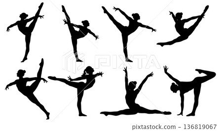 Black Solid Gymnast Leg Work Focus Silhouettes Set of Six on White Background 136819067