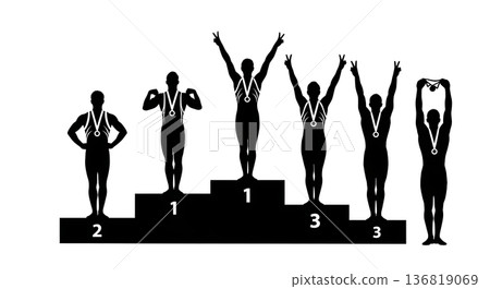 Black Solid Gymnast Medal Ceremony Silhouettes Set of Six on White Background 136819069