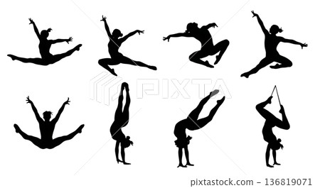 Black Solid Gymnast Mid-Air Twists Silhouettes Set of Six on White Background 136819071