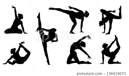 Black Solid Gymnast Mini Trampoline Silhouettes Set of Six on White Background 136819073