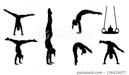 Black Solid Gymnast Pike Jumps Silhouettes Set of Six on White Background Black Solid Gymnast Pike Jumps Silhouettes Set of Six on White Background 136819077