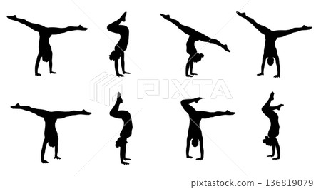 Black Solid Gymnast Press Handstands Silhouettes Set of Six on White Background Black Solid Gymnast Press Handstands Silhouettes Set of Six on White Background 136819079